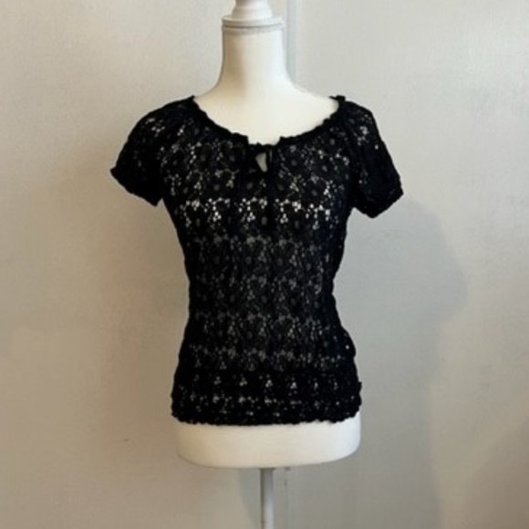 Lace Peasant Top with Tie Front Black Size M - Picture 3 of 5